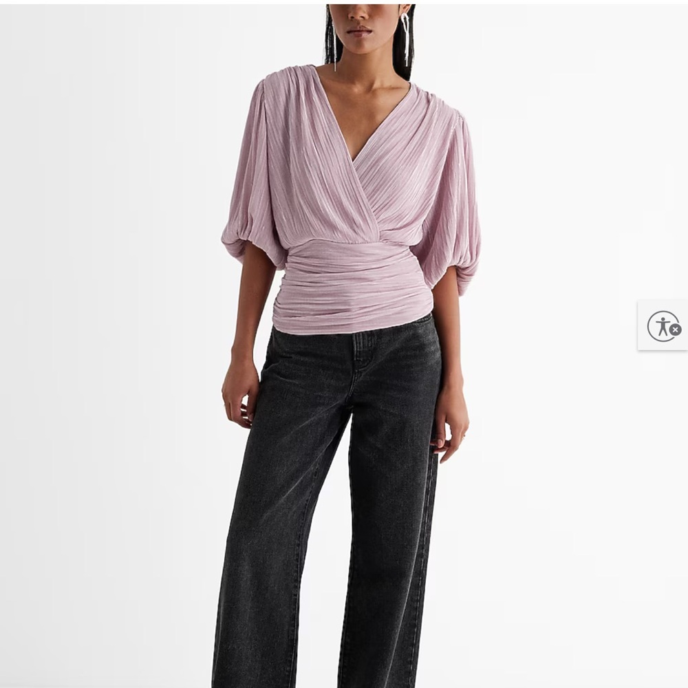 Express Pleated Draped V-Neck Puff Sleeve Faux Wrap Top Pink Romantic Medium NWT